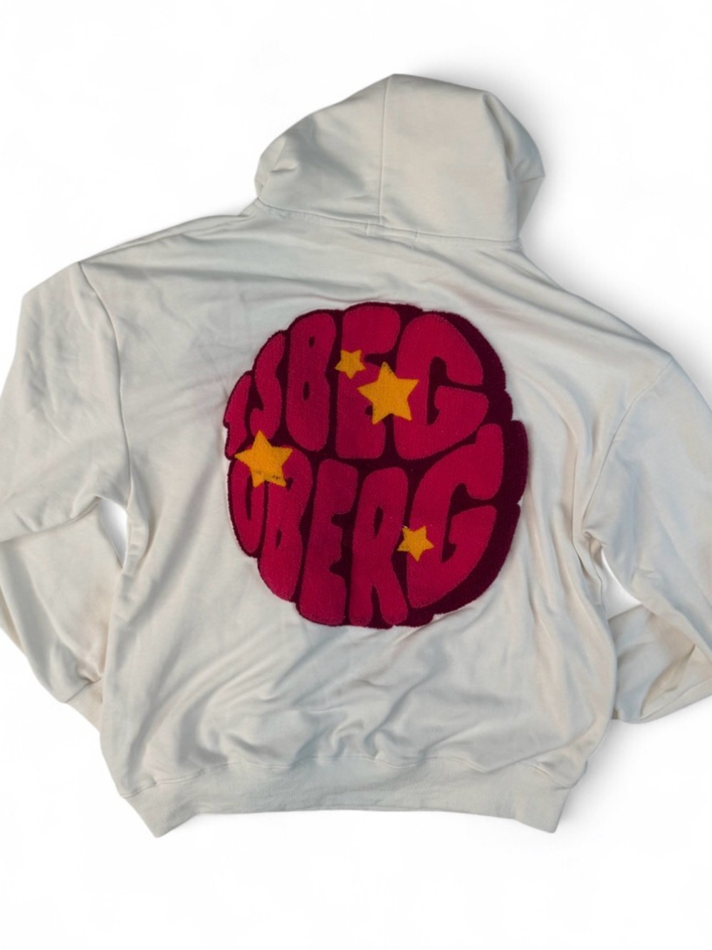 White Hoodie with Bold Pink Patch & Yellow Stars